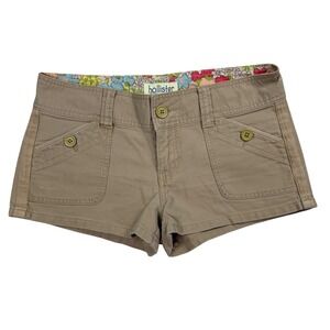VTG HollisterLow Rise Floral Waistband Tan Micro Mini Shorts Logo Sz 5 Y2K